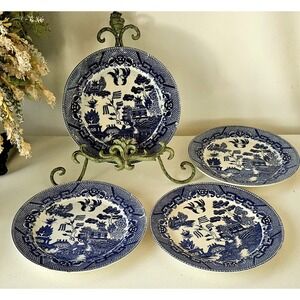 Vintage Dark Blue Willow 9" Dinner Plates Matching Set of 4 Made in Japan